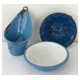 Blue Enamelware Tea Strainer & 2 Miniature Bowls