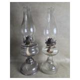 Pair Of Vtg Clear Glass Oil Lamps