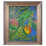 Framed Green Parrot Eating Mango Oil Painting