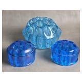 Trio of Blue Glass Flower Frogs
