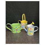 3 COLORFUL FLORAL METAL WATERING CANS USED