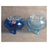 Blue Viking Glass Flowerlite Bowls W/ Flower