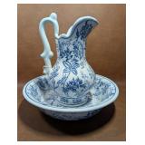 Blue & White Floral Pattern Wash Basin & Pitcher