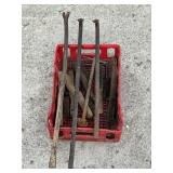 COCA-COLA CRATE OF WIRE BRUSHES W/ 3 CROWBARS
