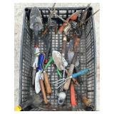 CRATE OF GARDEN HAND TOOLS SPADES, RAKES,