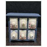 CANDLE CABINET UNIT, WOOD CABINET W/ 6 PORCELAIN
