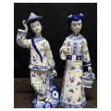 PAIR OF BLUE & WHITE PORCELAIN ASIAN WOMEN 14 IN.