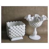 Vtg  Hobnail Milk Glass Square Footed Planter &