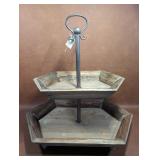 Large Rust Two Tiered Wood Stand W/ Metal Handle