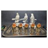 Rustic Bird Figurines W/ Silver Metal Serving