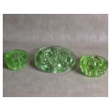 Trio Of Vtg Green Glass Flower Frogs