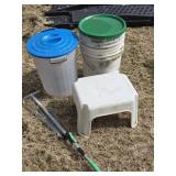 Yard Rake, Step Stool & Buckets