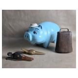 Vtg Brass Duck Paperclips , Blue Piggy Bank , Cow