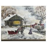 VINTAGE ORIGINAL FRAMED PAINTING ON BOARD TRAIN