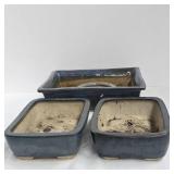 3- JAPANESE BONSAI TREE POTS BLUE GLAZE