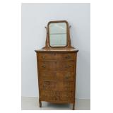 ANTIQUE TIGER WOOD CHEST OF DRAWERS WITH MIRROR