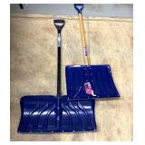 Plastic and metal snow shovels