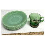 6 jadeite plates/Kalmar Iowa souvenir cup