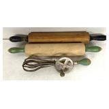 Vintage wooden rolling  pins/hand mixer