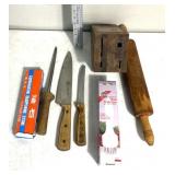 Vintage rolling pin-knife block knives/sharpening
