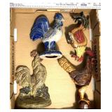 Rooster figurines/cast-iron/wood/pottery