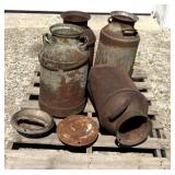 4 vintage metal milk cans/2 tops/have holes