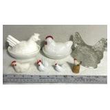 Miniature hens on nest/other chicken decor