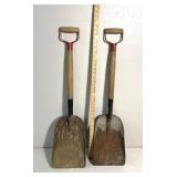 2 small metal shovels wooden handles