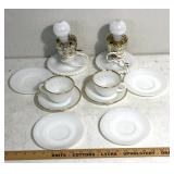 Vintage lamps/fire king tea, cups, and plates
