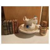Books, Pitcher & bowl (cracked), 2 wood banks