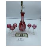 Cranberry Glass/Crystal Decanter & Glasses