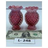 2 - Small Cranberry Fenton Hobnail Vases