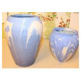 Two Vintage Ozark Pottery Blue & White Swirl Vases