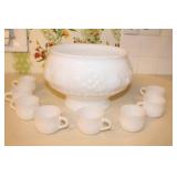 Jeanette Della White Milk Glass Punch Bowl w/Cups
