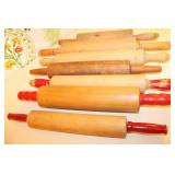 7 Vintage Rolling Pins Wooden Natural Red Handle