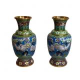 Vintage Pair Vases Chinese Cloisonne Enamel  Crane