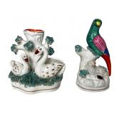 Antique Staffordshire Swan Spill Vase & Parrot Fig
