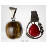 Large Sterling Silver Pendants Coral & Tiger's Eye