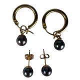 14K Gold Black  Pearl Drop & Hoop Earrings Set