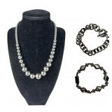 Sterling Silver Bead Necklace & 2 Heavy Bracelets