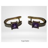 10K Gold Amethyst & Diamond Accent Hoop Earrings