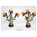 Capodimonte Porcelain Figural Floral Tole Lamps