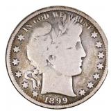 1899 US SILVER 50C BARBER HALF DOLLAR COIN