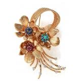 14K GOLD DIAMOND & MULTI-STONE FLORAL SPRAY BROOCH