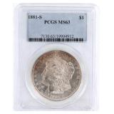 1881-S US SILVER MORGAN DOLLAR COIN PCGS MS 63