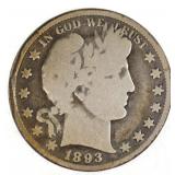 1893 US SILVER 50C BARBER HALF DOLLAR COIN