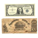 1957-A US $1 BLUE SEAL SILVER CERT & 1861 $20 CSA