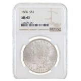 1886 US SILVER MORGAN DOLLAR COIN NGC MS 63