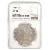 1887 US SILVER MORGAN DOLLAR COIN NGC MS 64