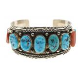 STERLING SILVER GLEN WILLIE TURQUOISE & CORAL BRAC